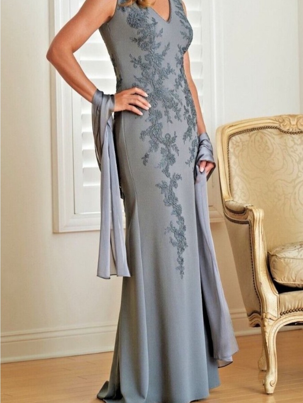 Silver Grey Jade Couture Formal Dress with Silk Shawl